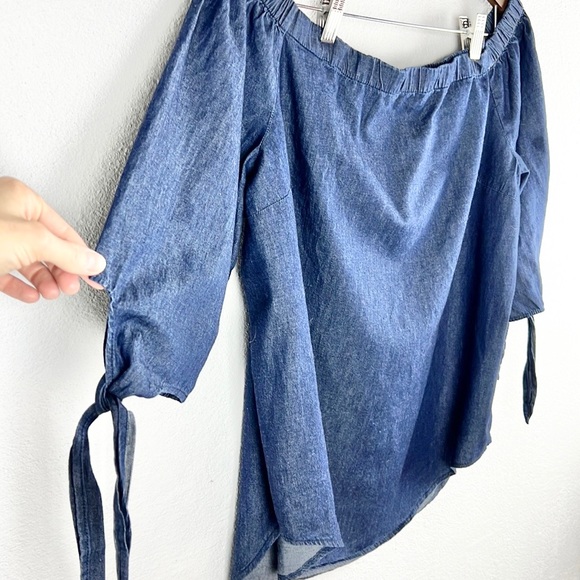 FADED GLORY |💙 Denim Blue Chambray Boatneck 1/2 Sleeves Prasant Blouse Top - Picture 4 of 9